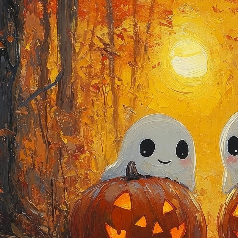 Golden Forest Ghosts Halloween art print close-up detail