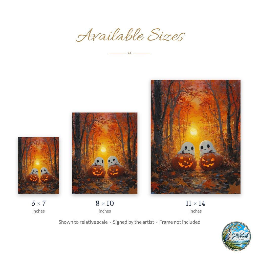 Golden Forest Ghosts art print size guide: 5x7, 8x10 and 11x14
