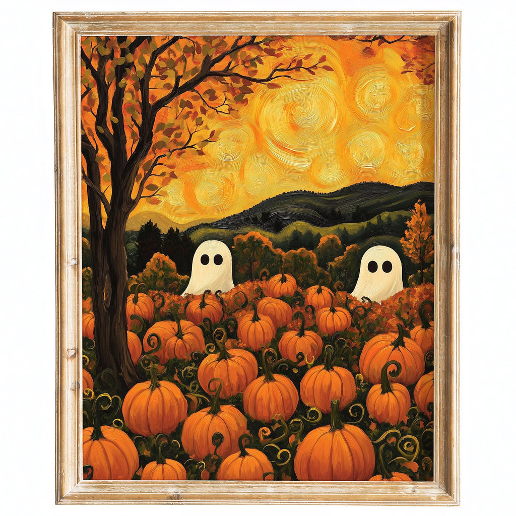 Ghost Pumpkin Patch Halloween art print framed