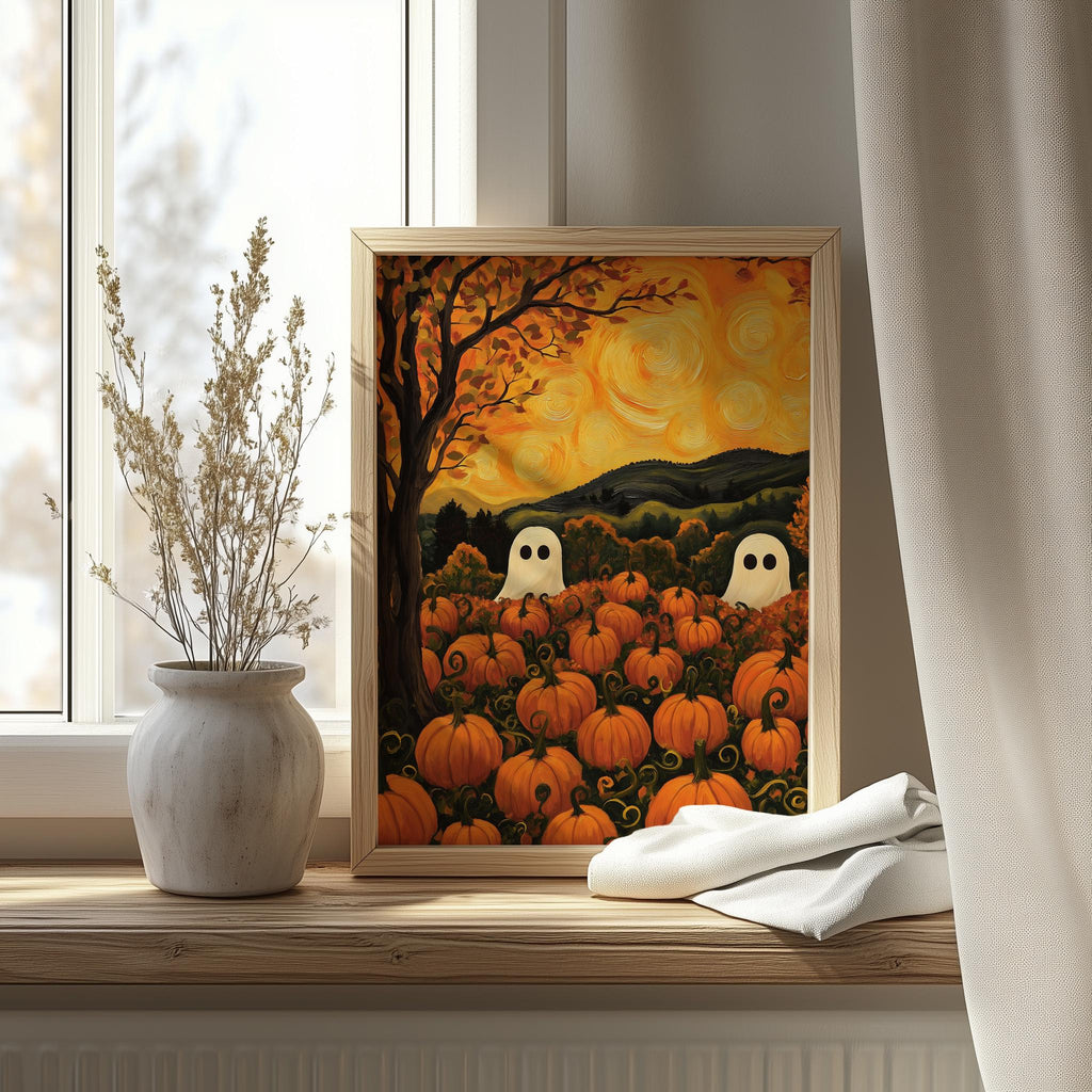 Ghost Pumpkin Patch Halloween art print shown in a room setting