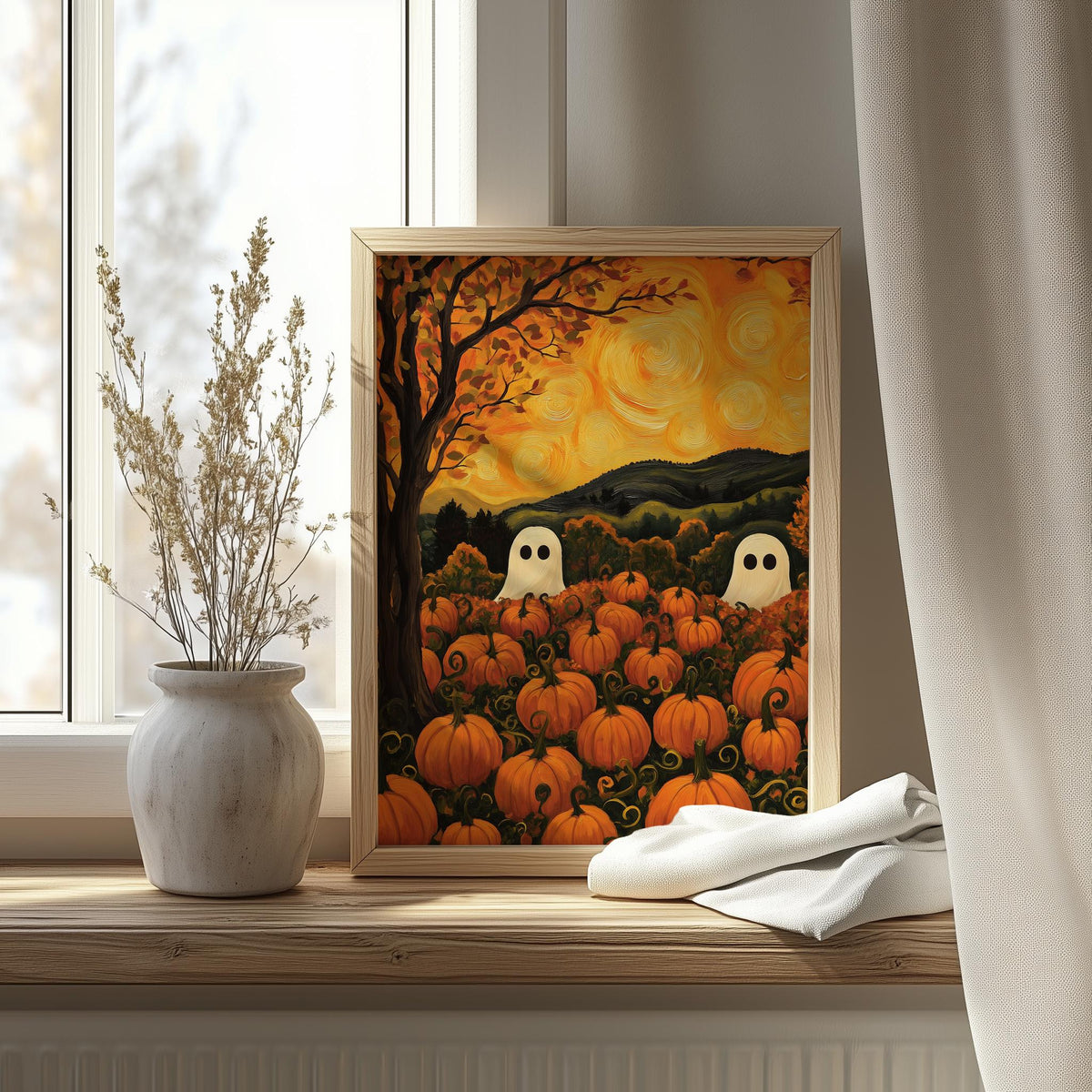 Ghost Pumpkin Patch Halloween art print shown in a room setting
