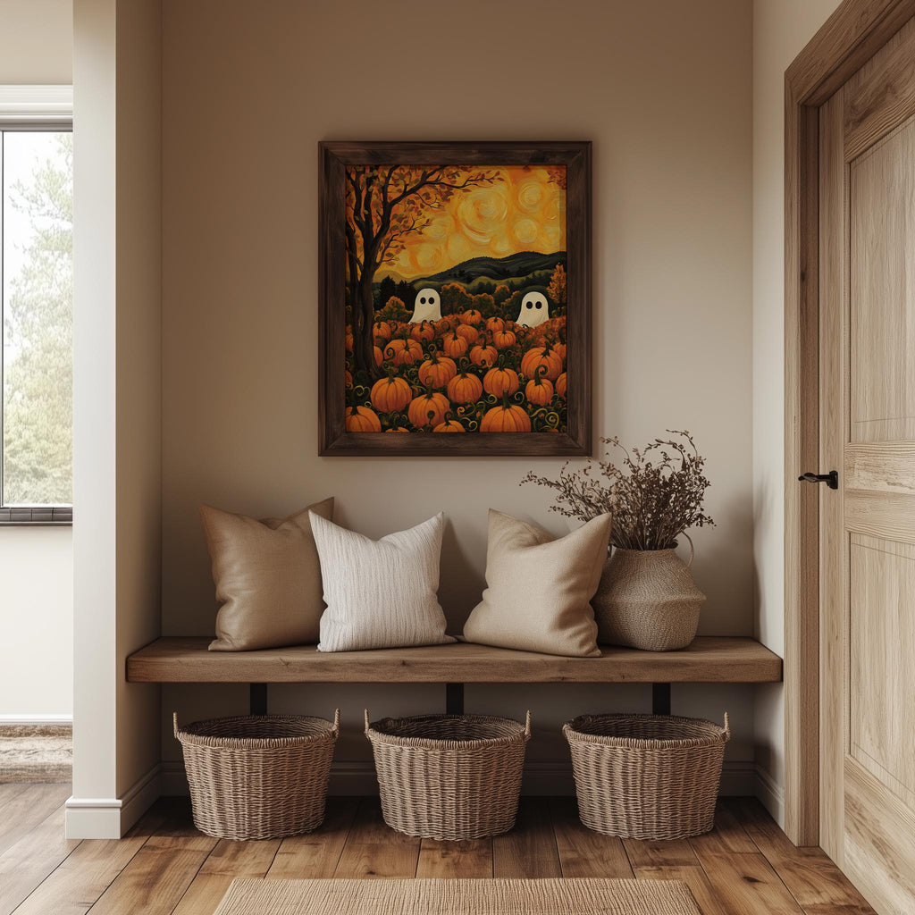 Ghost Pumpkin Patch Halloween art print shown in a room setting