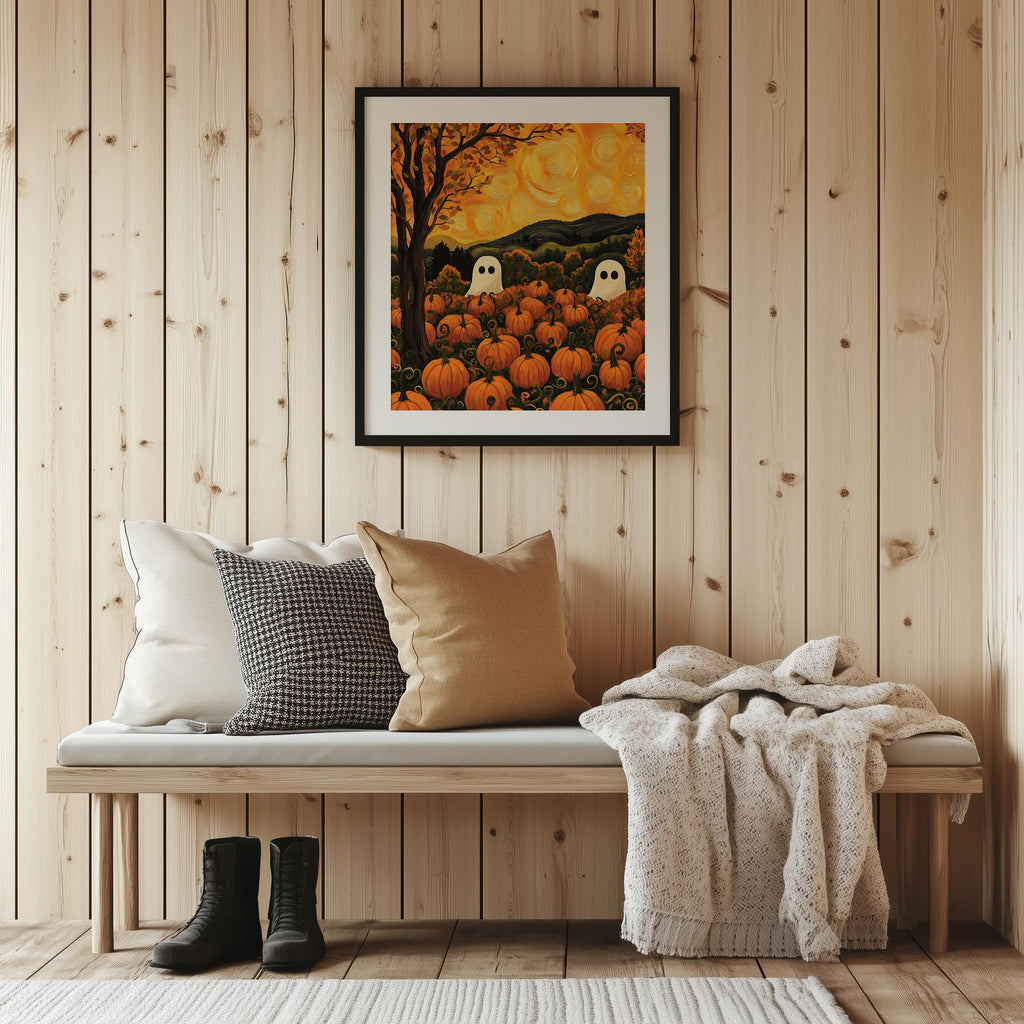 Ghost Pumpkin Patch Halloween art print shown in a room setting