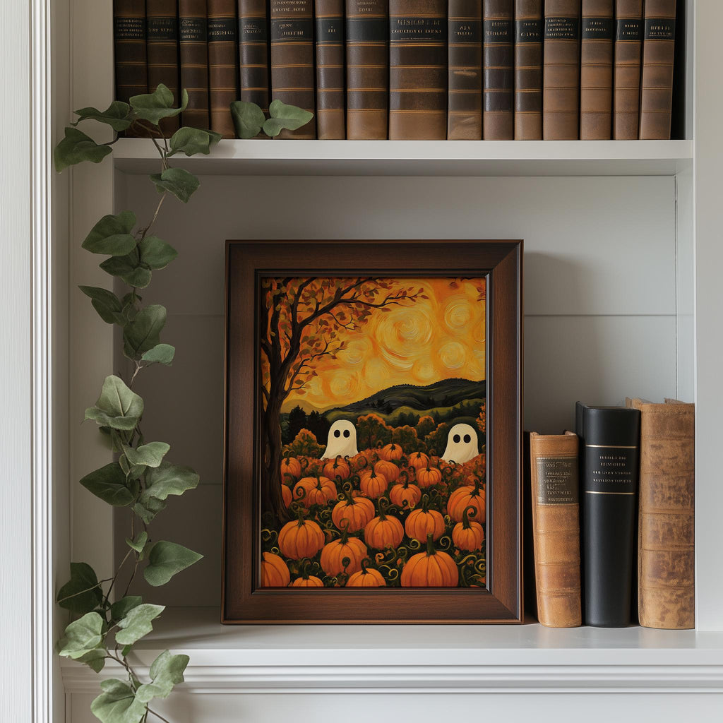 Ghost Pumpkin Patch Halloween art print shown in a room setting