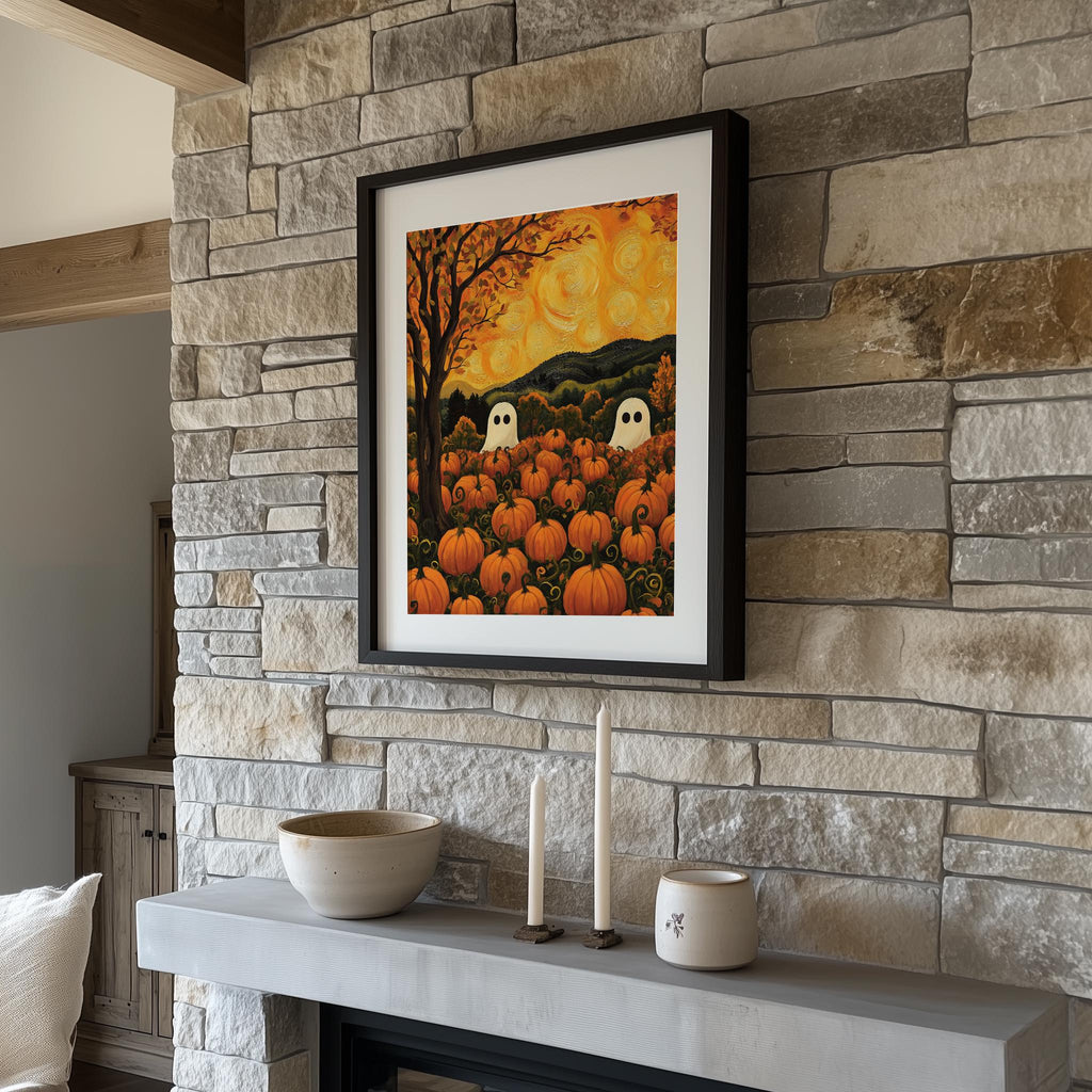 Ghost Pumpkin Patch Halloween art print shown in a room setting