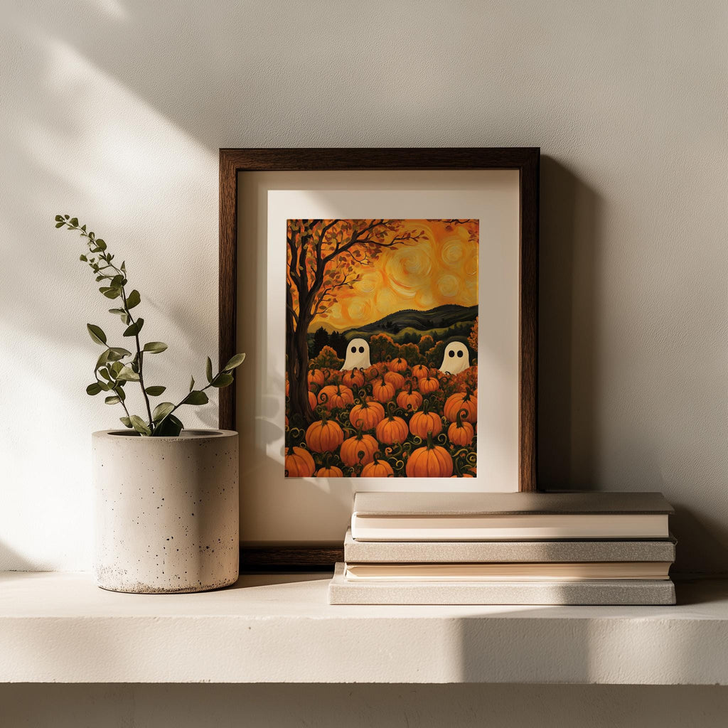 Ghost Pumpkin Patch Halloween art print shown in a room setting