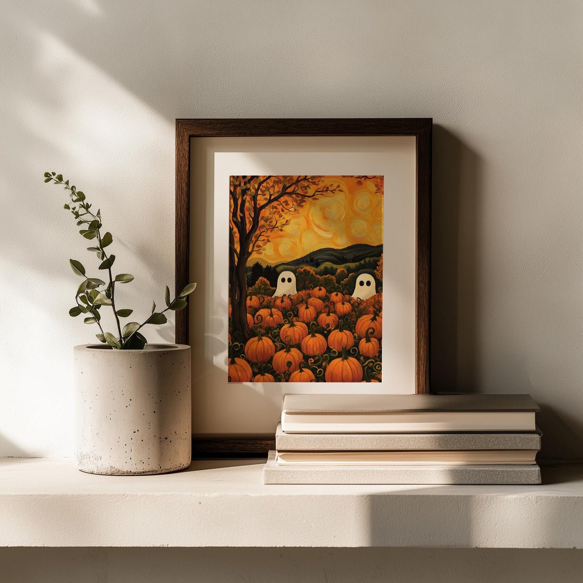 Ghost Pumpkin Patch Halloween art print shown in a room setting