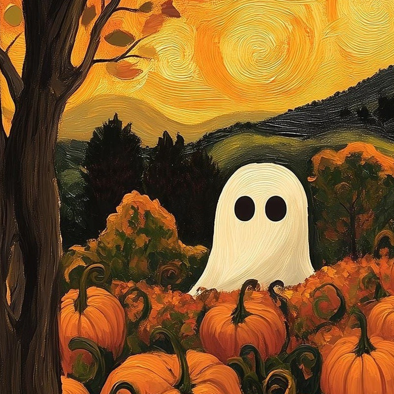 Ghost Pumpkin Patch Halloween art print close-up detail