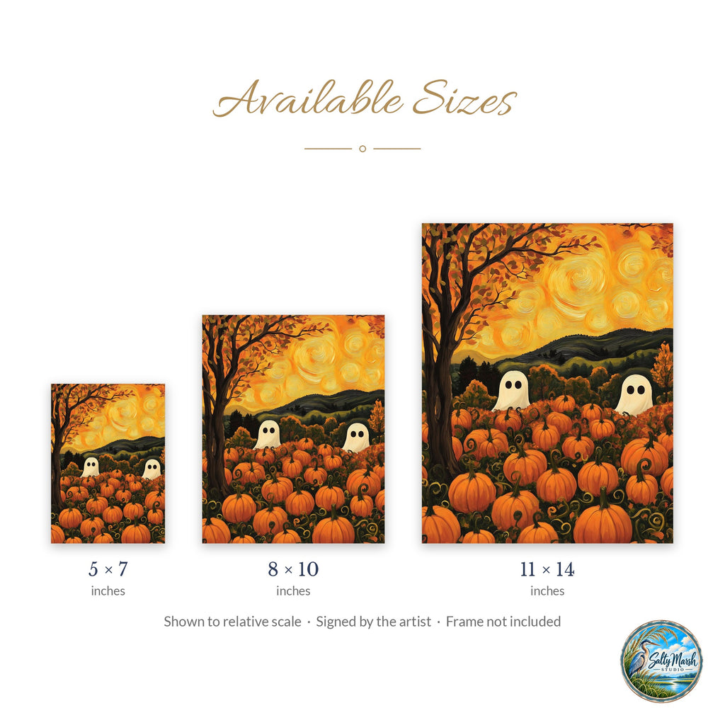 Ghost Pumpkin Patch art print size guide: 5x7, 8x10 and 11x14