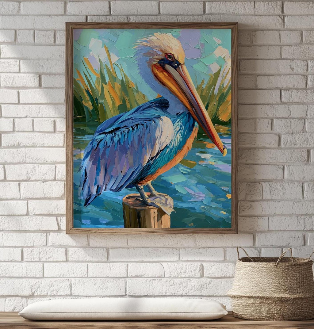 Colorful Pelican animal art print shown in a room setting