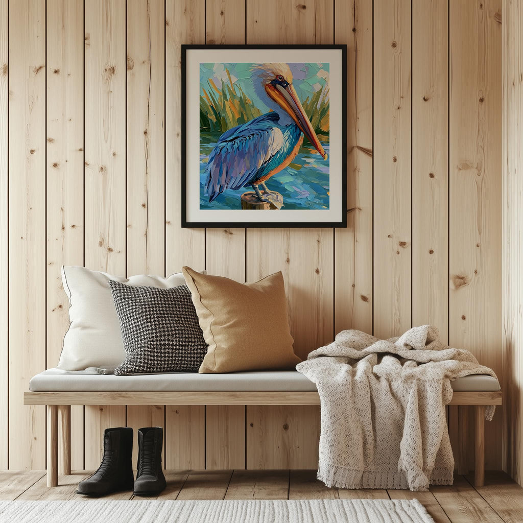 Colorful Pelican animal art print shown in a room setting