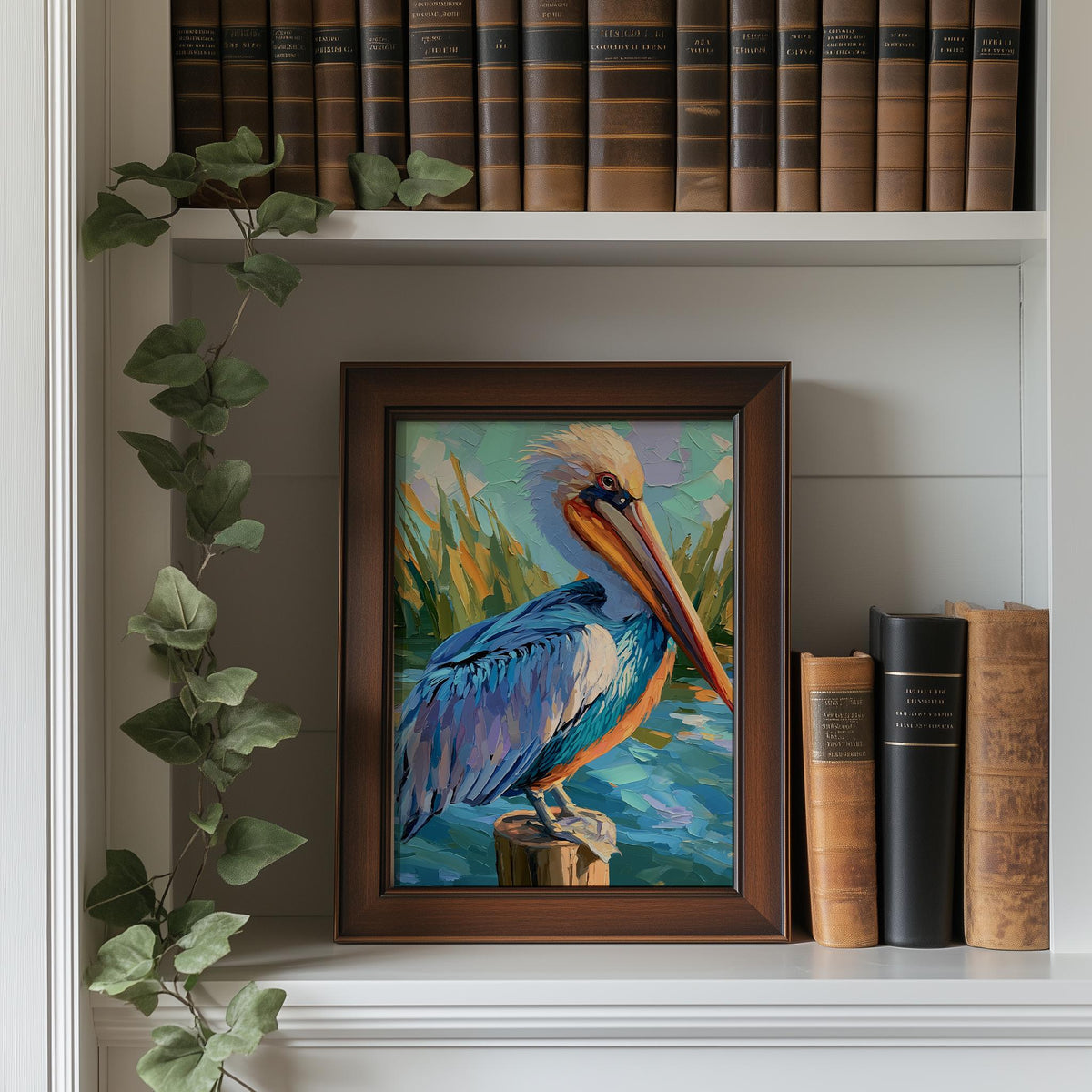 Colorful Pelican animal art print shown in a room setting