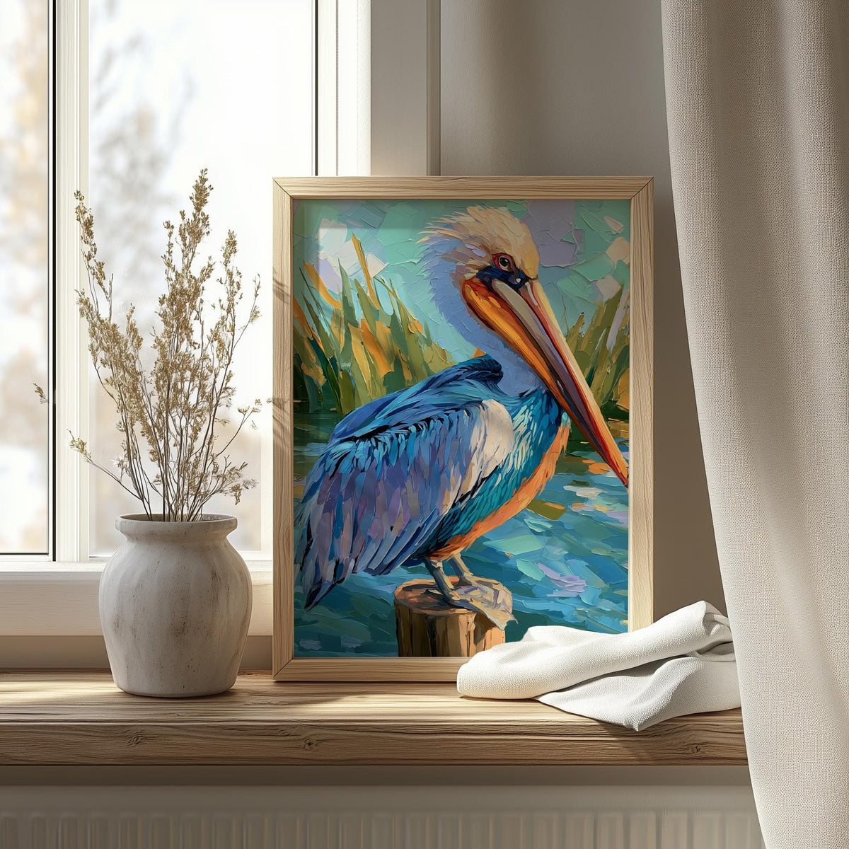 Colorful Pelican animal art print shown in a room setting