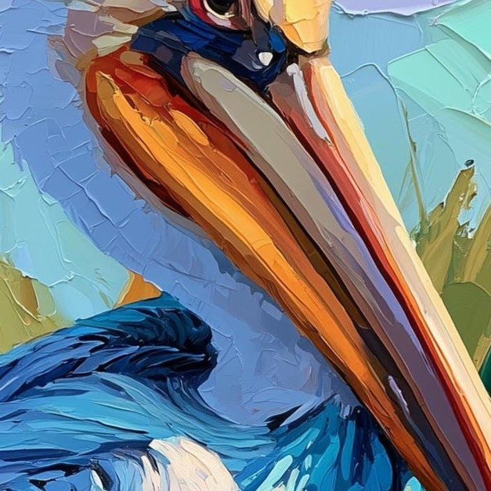 Colorful Pelican animal art print close-up detail