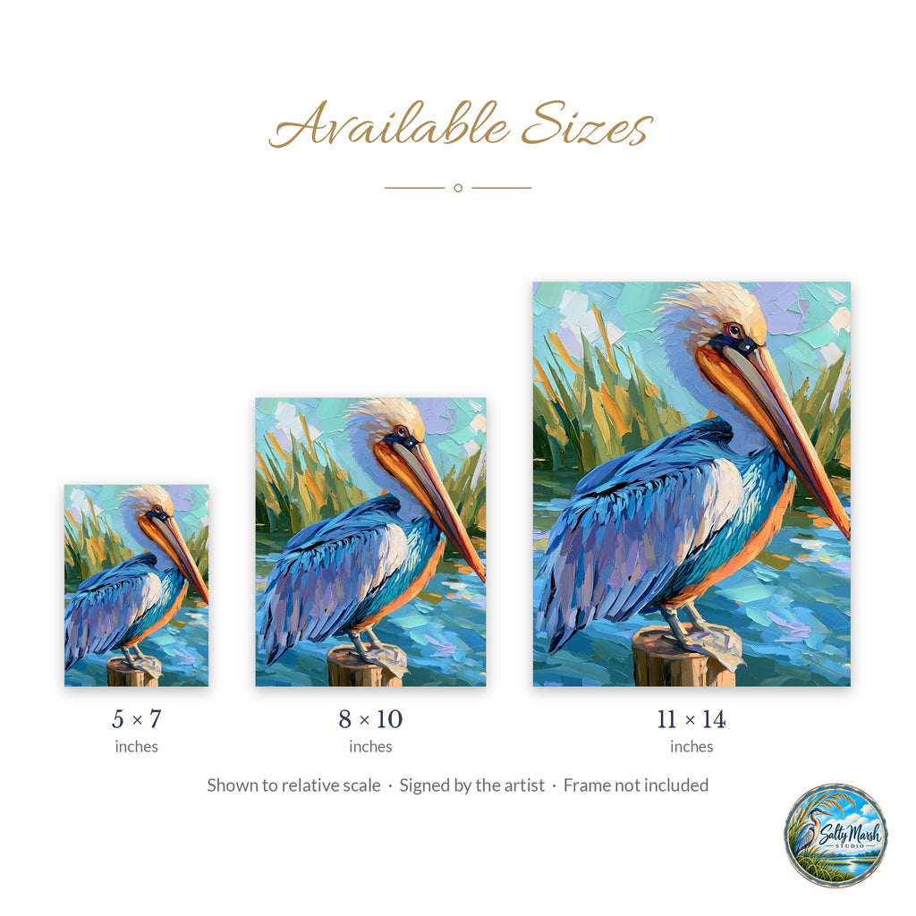 Colorful Pelican art print size guide: 5x7, 8x10 and 11x14