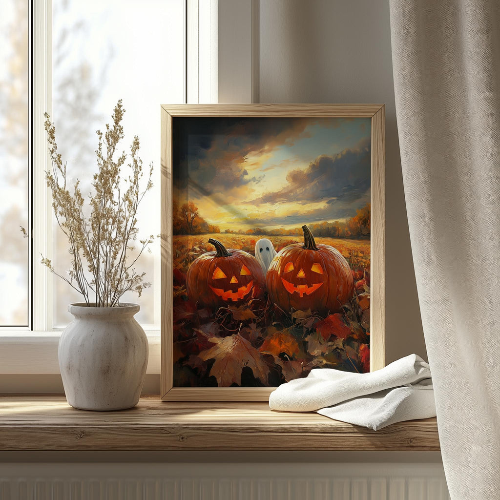 Sunset Pumpkin Field Halloween art print shown in a room setting