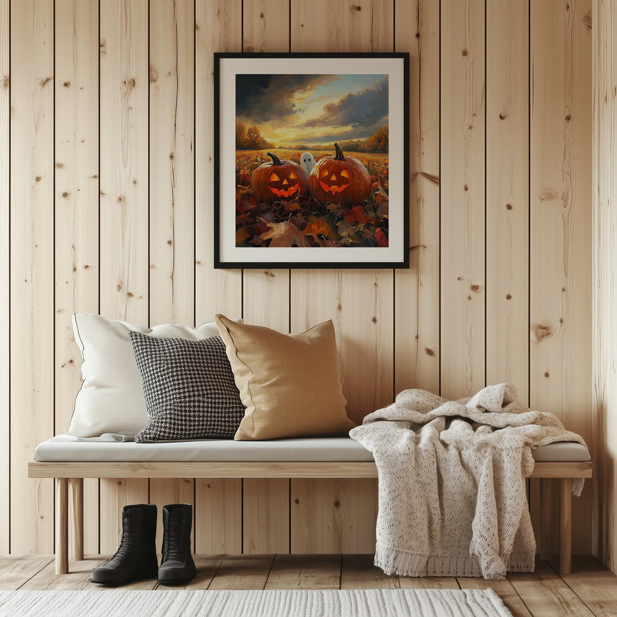 Sunset Pumpkin Field Halloween art print shown in a room setting