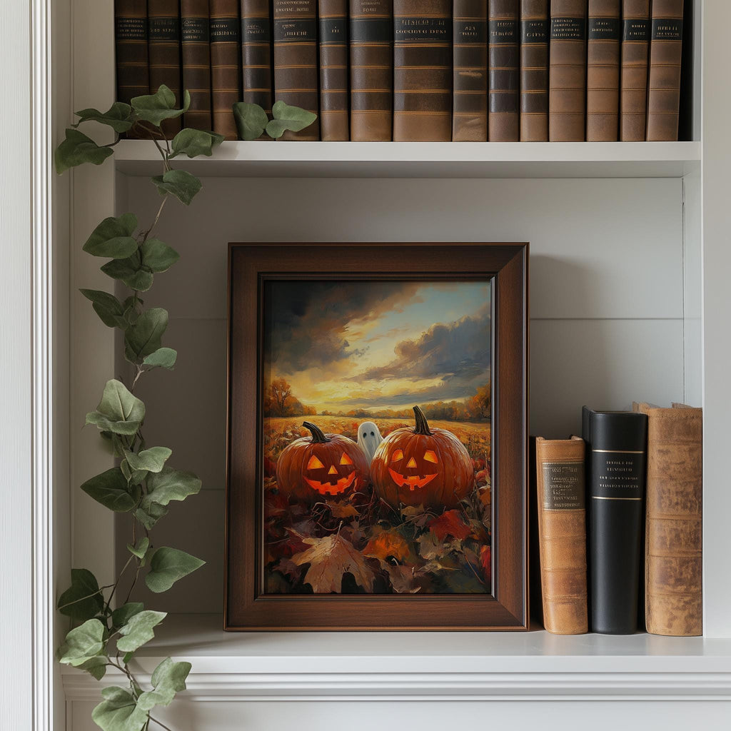 Sunset Pumpkin Field Halloween art print shown in a room setting