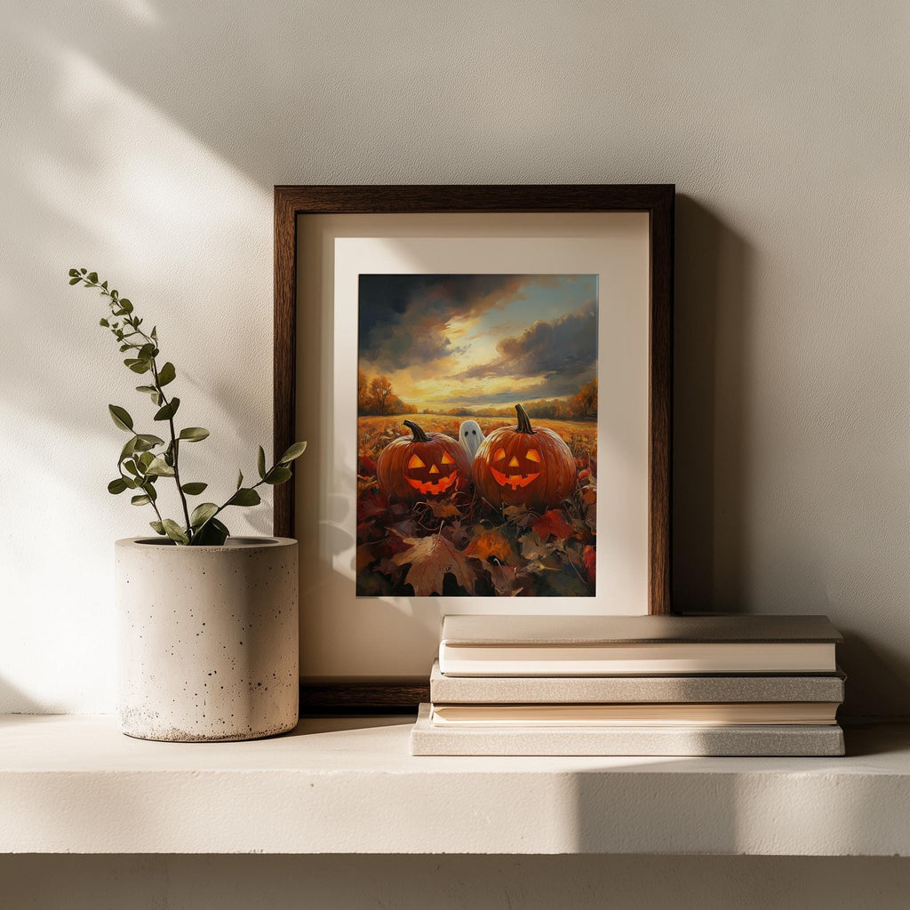 Sunset Pumpkin Field Halloween art print shown in a room setting