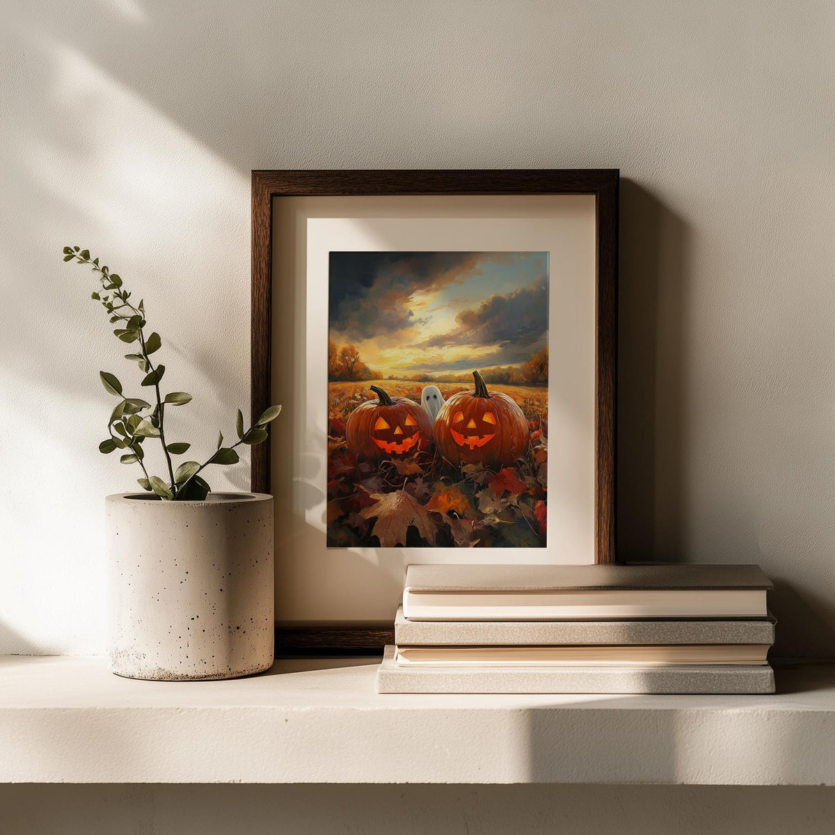 Sunset Pumpkin Field Halloween art print shown in a room setting