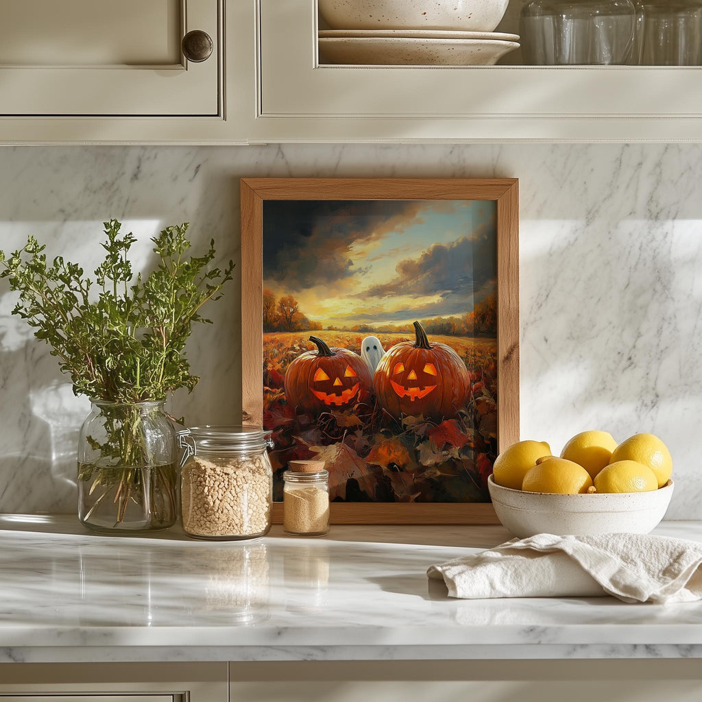 Sunset Pumpkin Field Halloween art print shown in a room setting