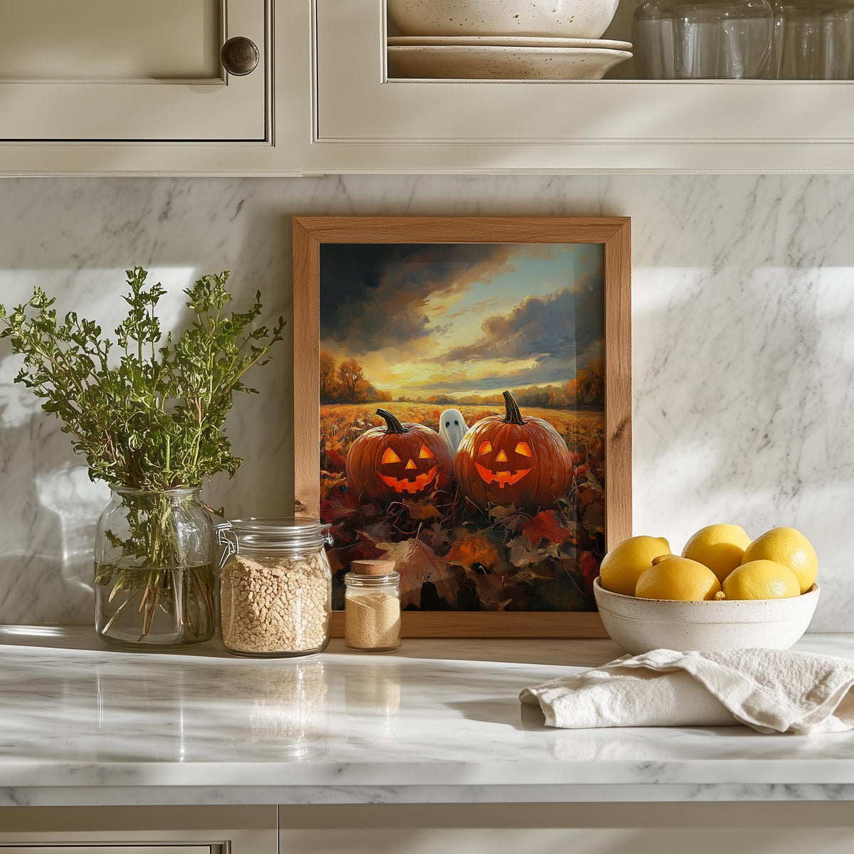 Sunset Pumpkin Field Halloween art print shown in a room setting