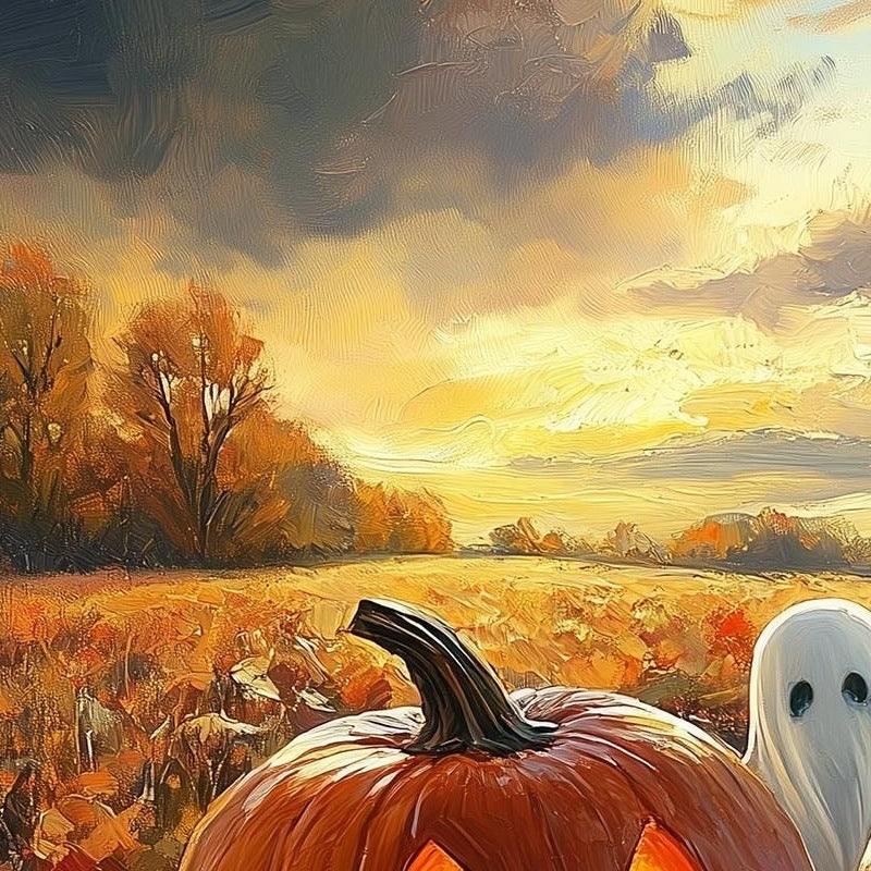 Sunset Pumpkin Field Halloween art print close-up detail