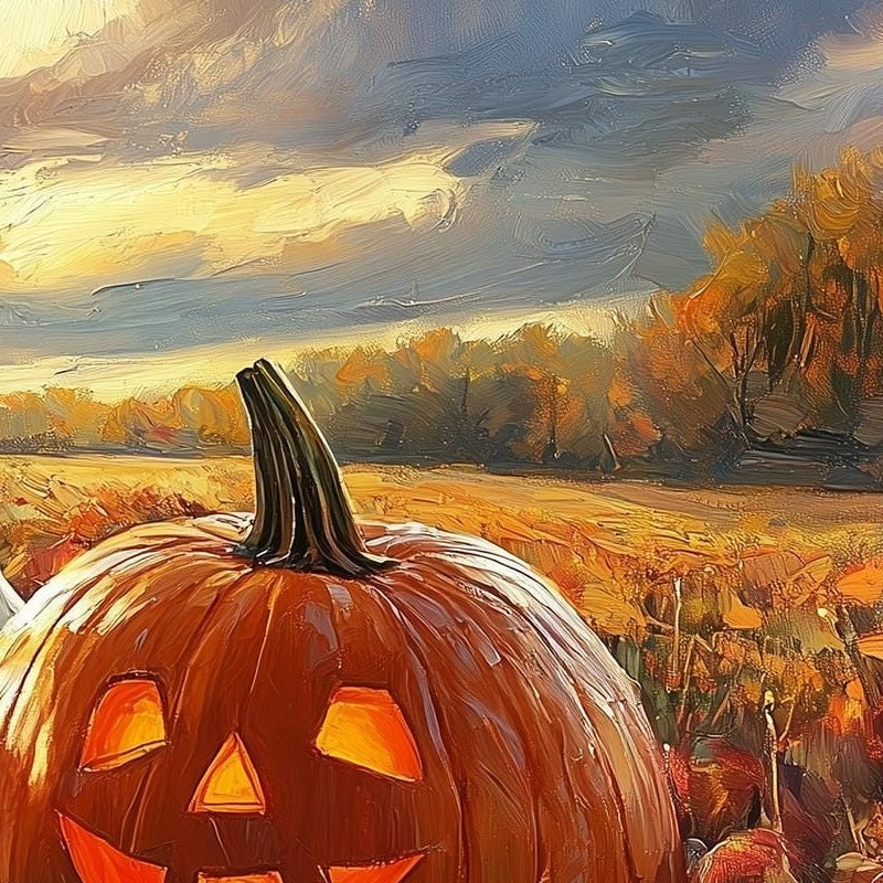 Sunset Pumpkin Field Halloween art print close-up detail