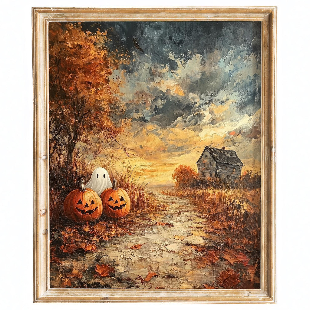 Farmhouse Pumpkin Field Halloween art print framed