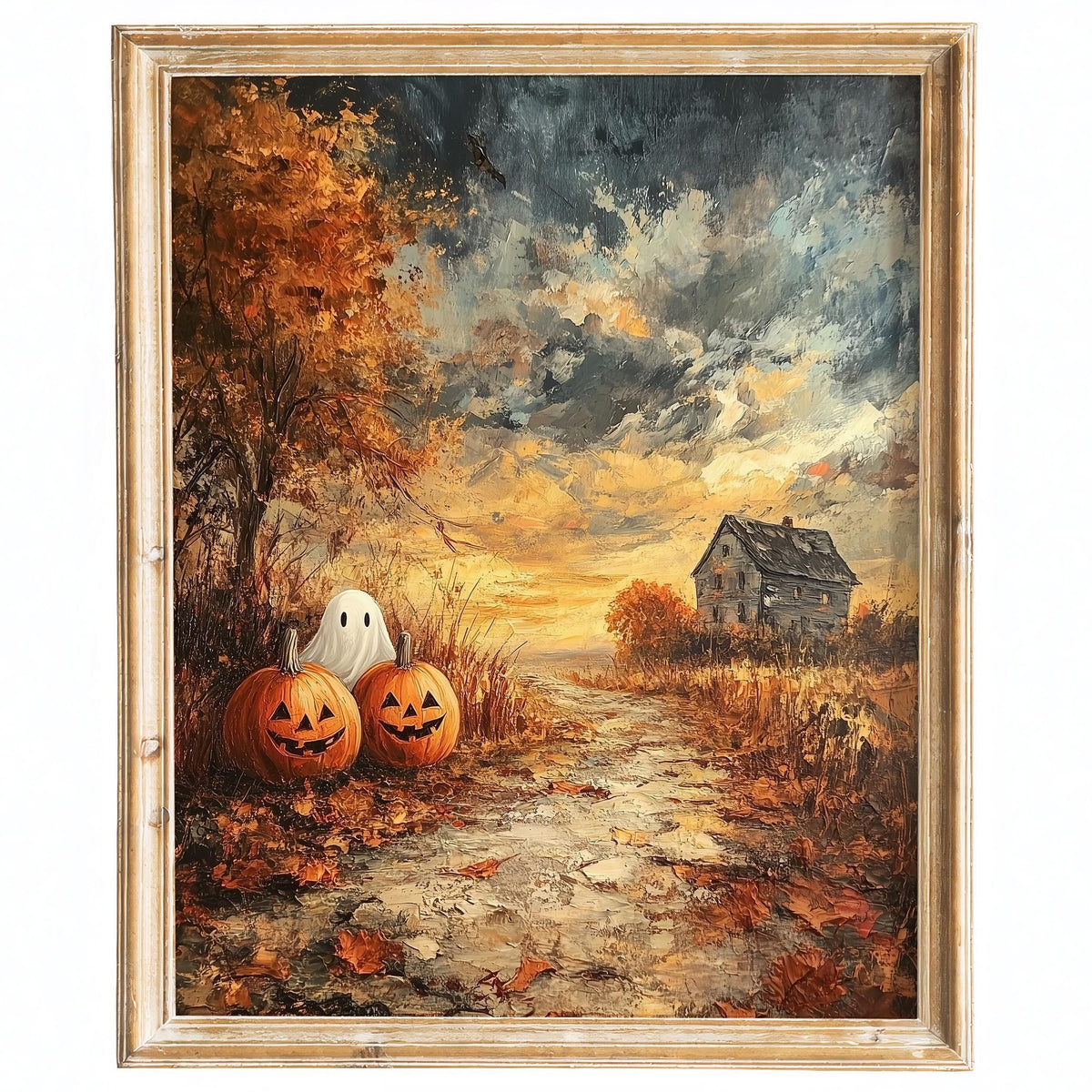 Farmhouse Pumpkin Field Halloween art print framed