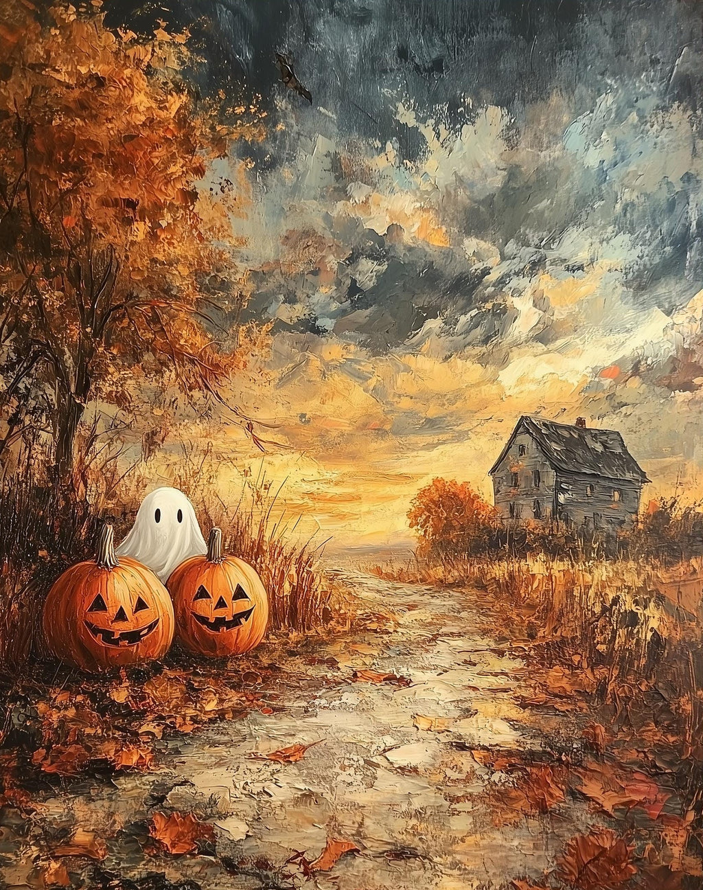 Farmhouse Pumpkin Field Halloween art print unframed, signed by Pattie Overcash