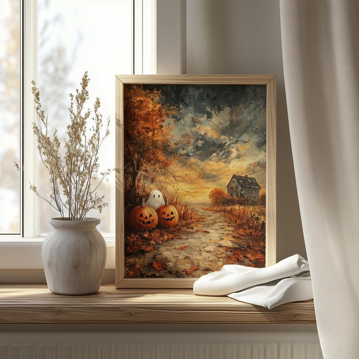 Farmhouse Pumpkin Field Halloween art print shown in a room setting