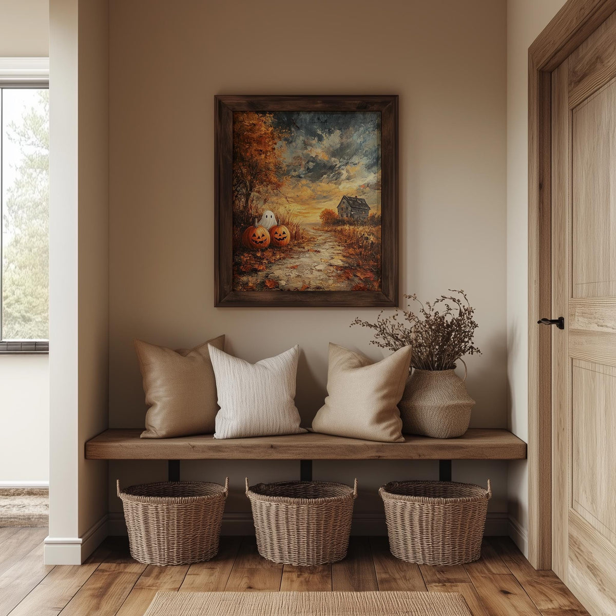 Farmhouse Pumpkin Field Halloween art print shown in a room setting