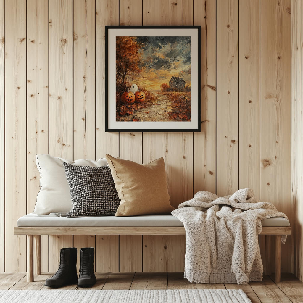 Farmhouse Pumpkin Field Halloween art print shown in a room setting