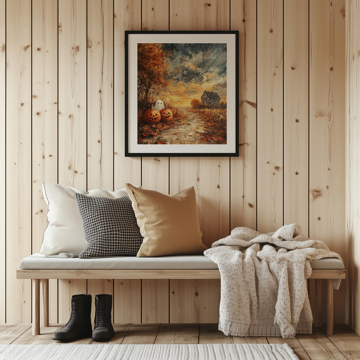 Farmhouse Pumpkin Field Halloween art print shown in a room setting