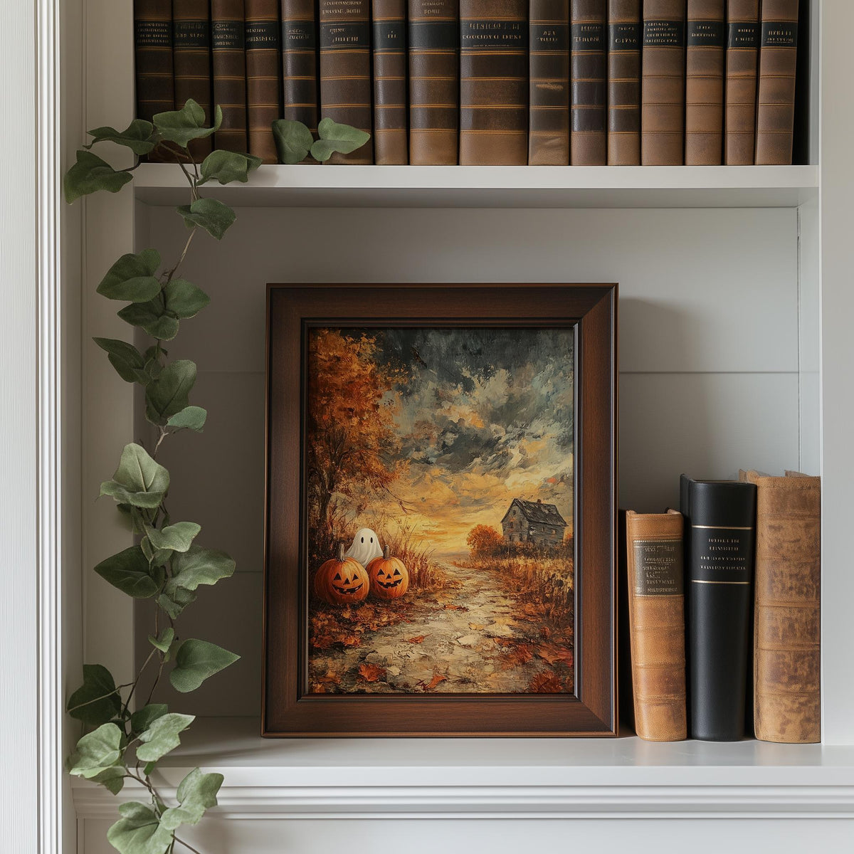 Farmhouse Pumpkin Field Halloween art print shown in a room setting