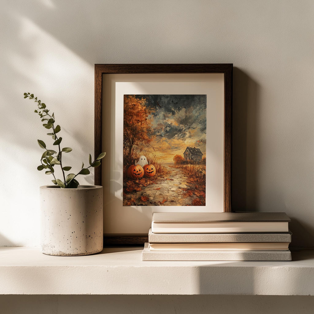 Farmhouse Pumpkin Field Halloween art print shown in a room setting