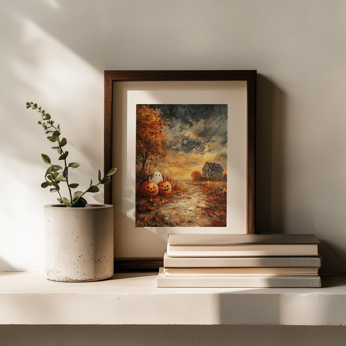 Farmhouse Pumpkin Field Halloween art print shown in a room setting