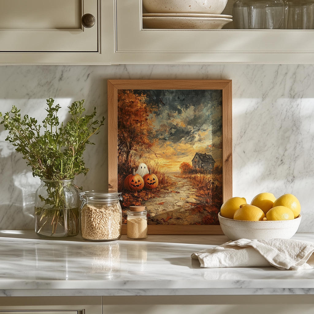 Farmhouse Pumpkin Field Halloween art print shown in a room setting