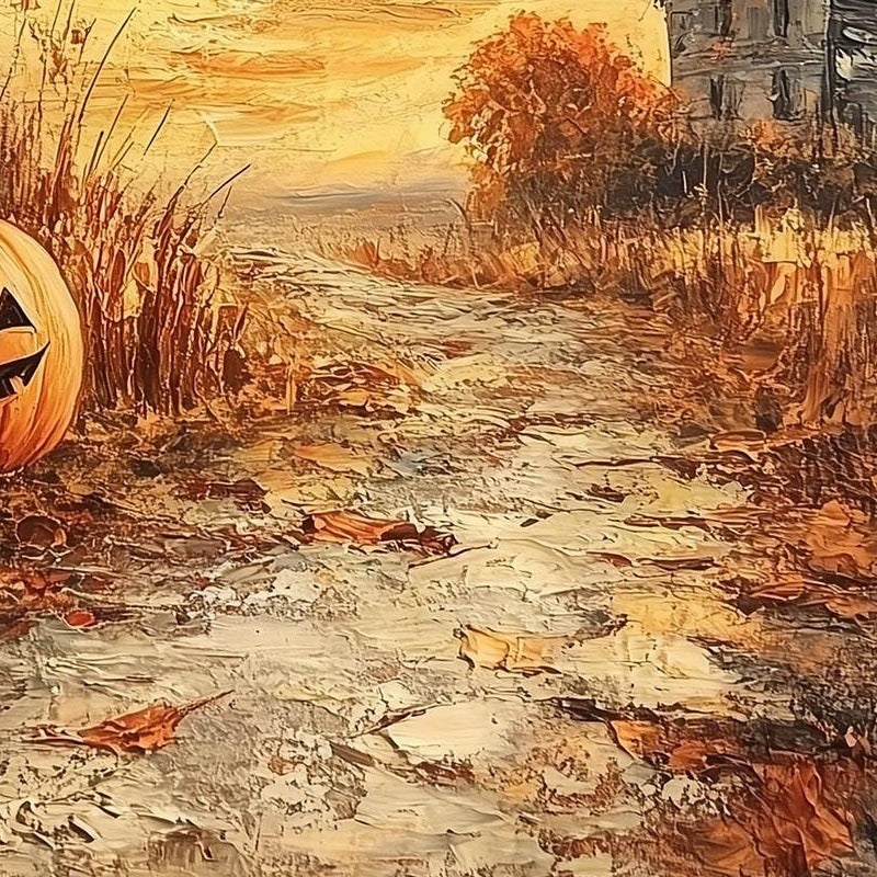 Farmhouse Pumpkin Field Halloween art print close-up detail