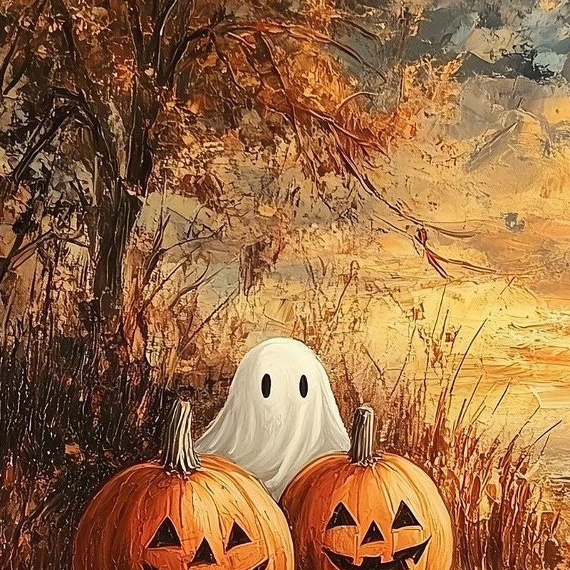 Farmhouse Pumpkin Field Halloween art print close-up detail