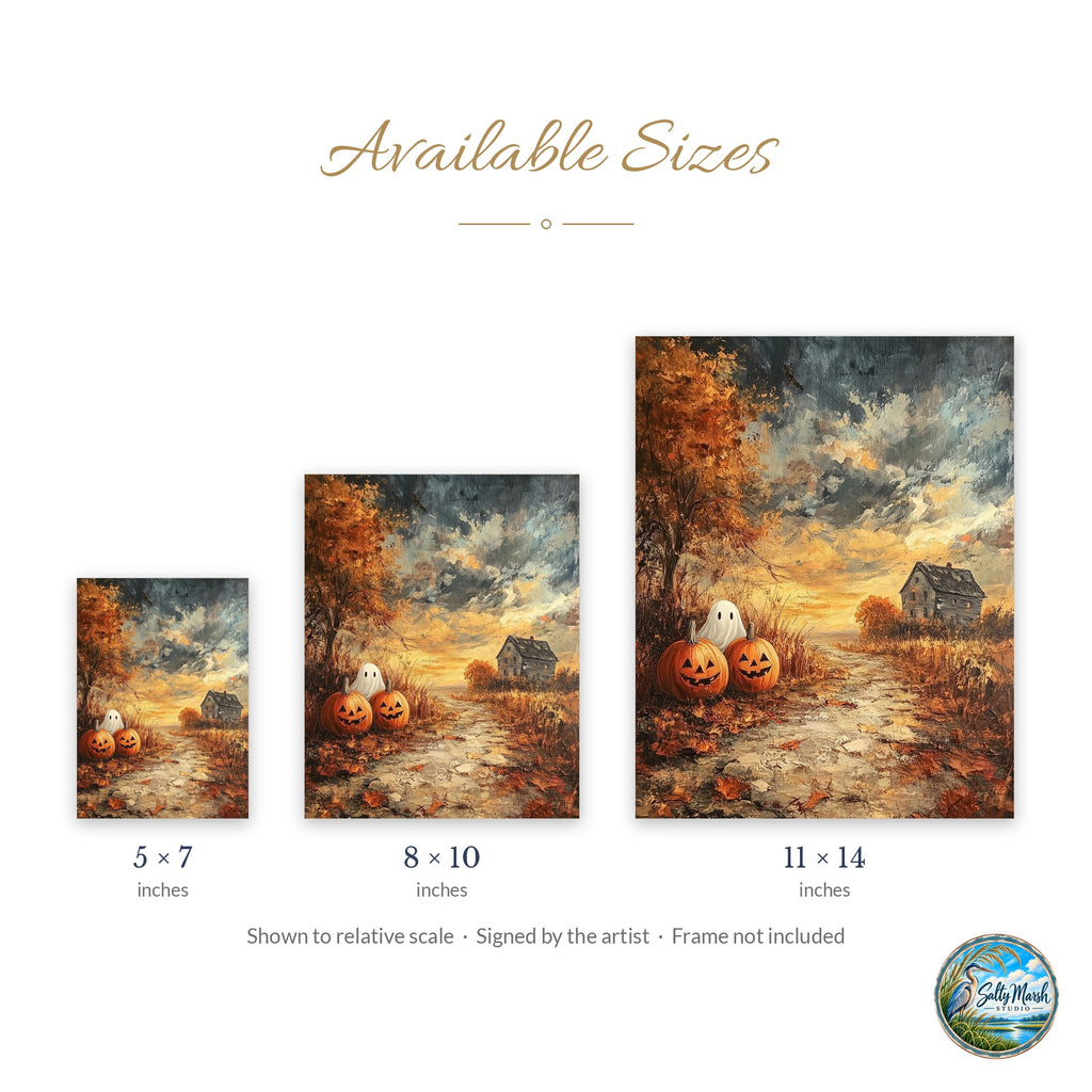 Farmhouse Pumpkin Field art print size guide: 5x7, 8x10 and 11x14