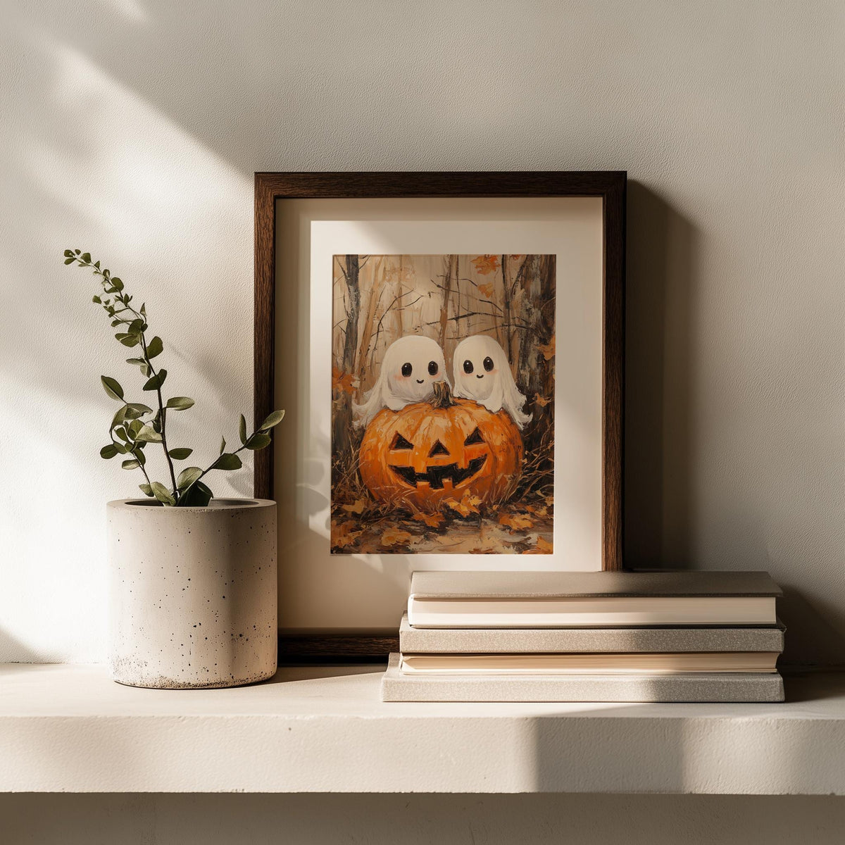 Ghost Pumpkin Pair Halloween art print shown in a room setting