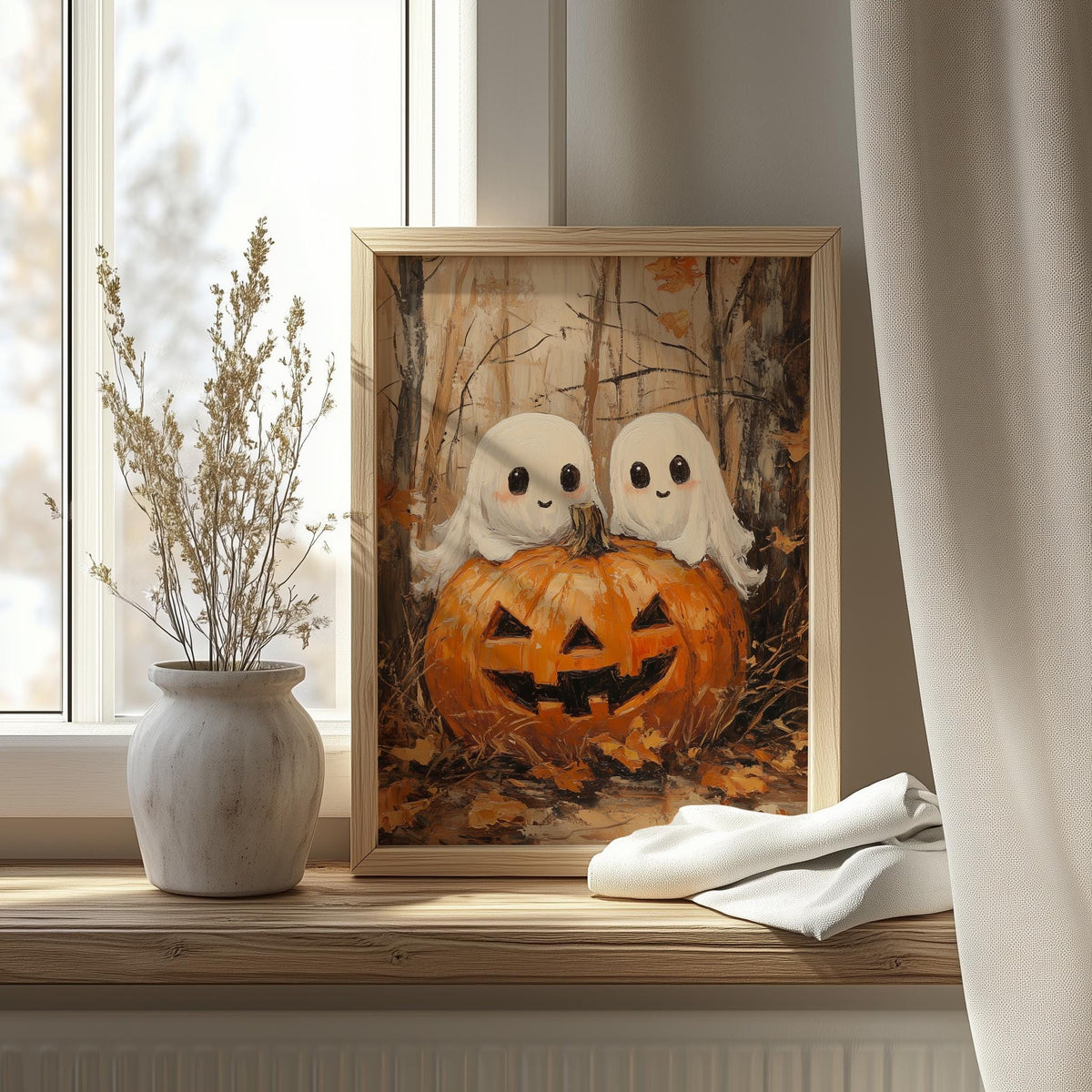 Ghost Pumpkin Pair Halloween art print shown in a room setting