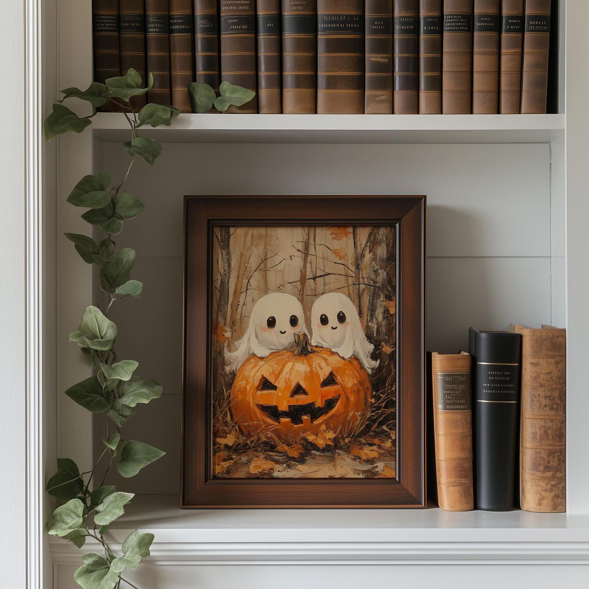 Ghost Pumpkin Pair Halloween art print shown in a room setting
