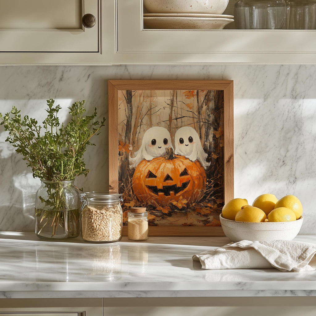 Ghost Pumpkin Pair Halloween art print shown in a room setting