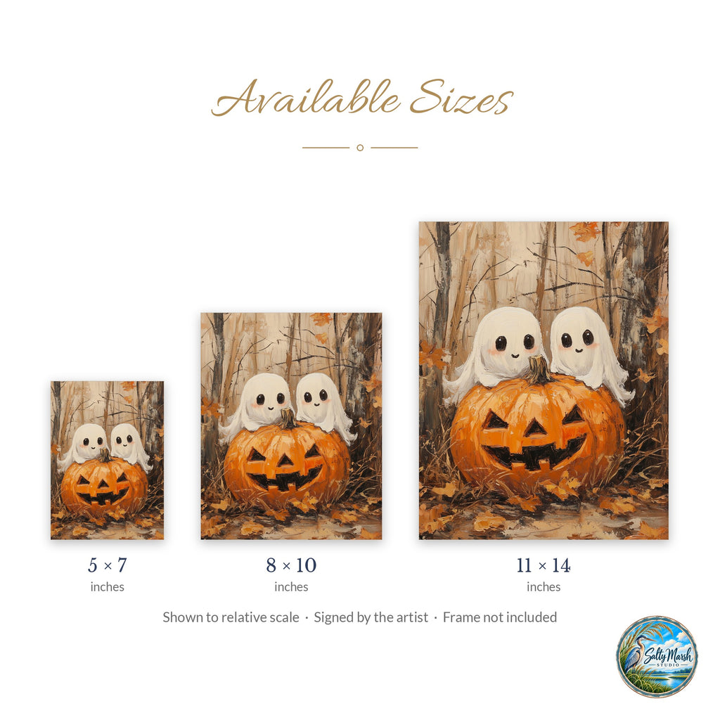 Ghost Pumpkin Pair art print size guide: 5x7, 8x10 and 11x14