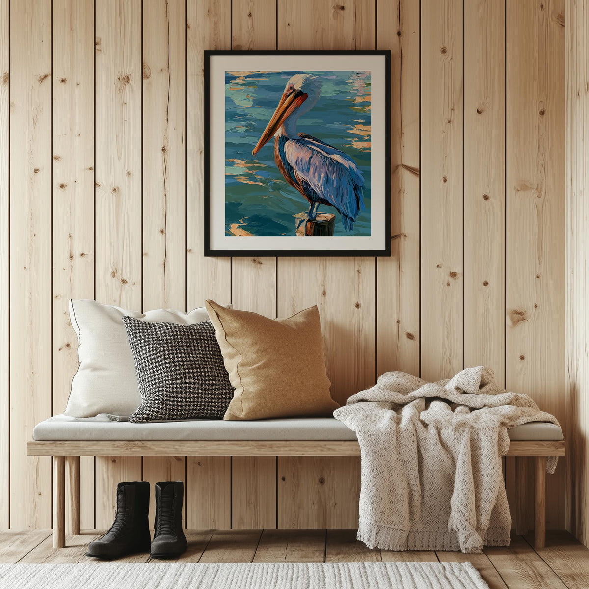 Pelican Post animal art print shown in a room setting