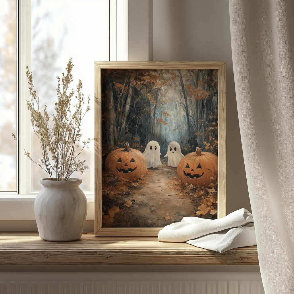 Woodland Ghosts Halloween art print shown in a room setting