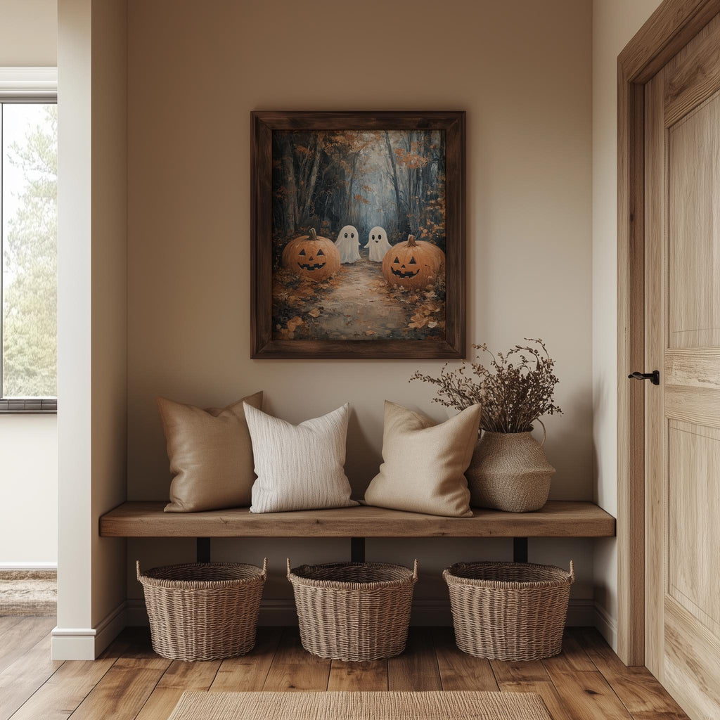 Woodland Ghosts Halloween art print shown in a room setting